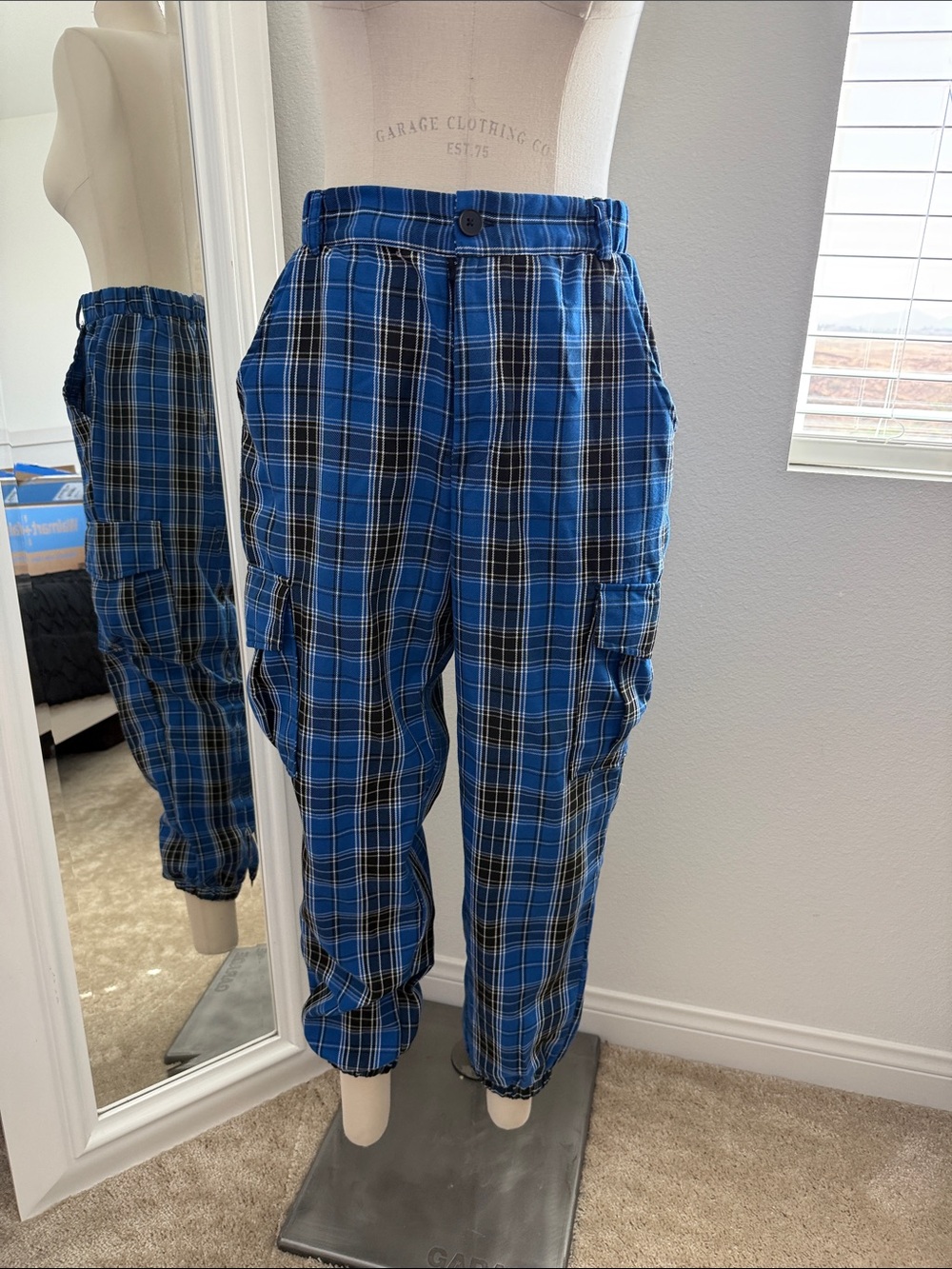 Blue Plaid Cargo Jogger Pants - Unbranded